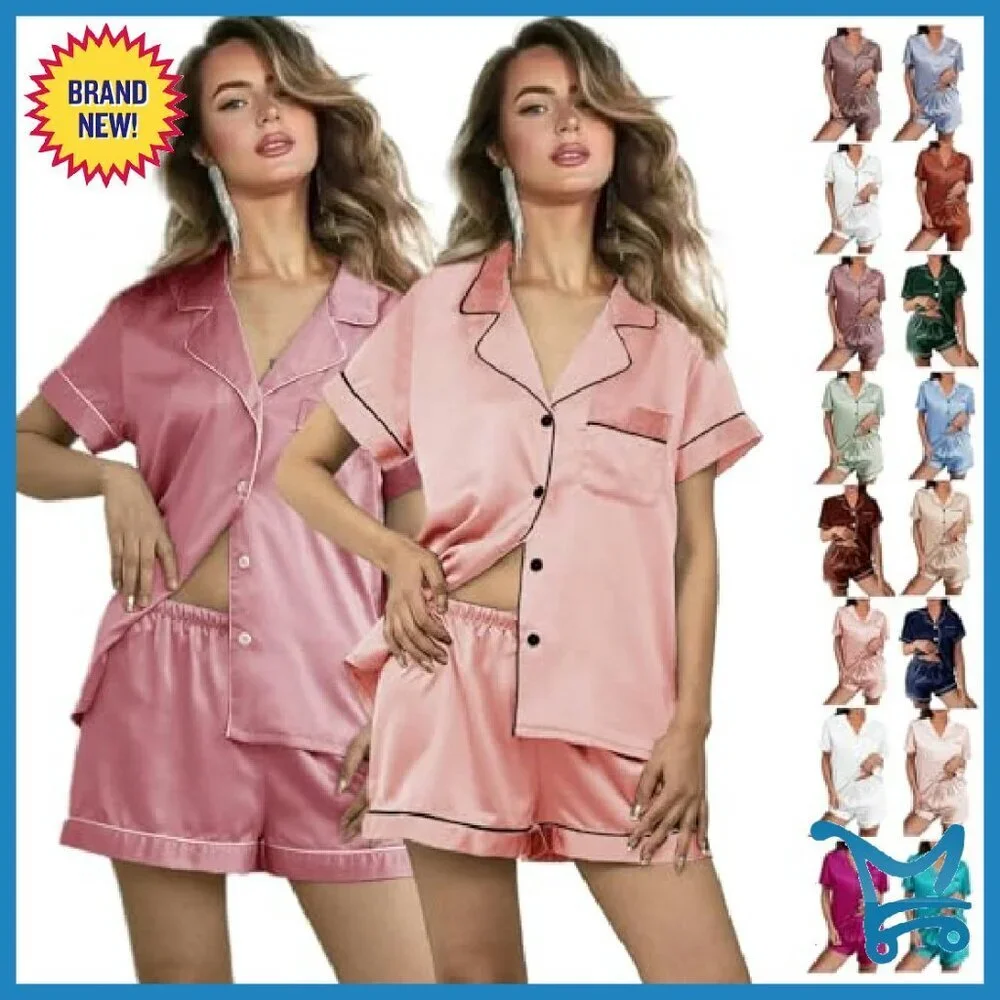 Silk Satin Pajama Set 2-Pack Short Sleeve Lounge Sleepwear XS-XXL